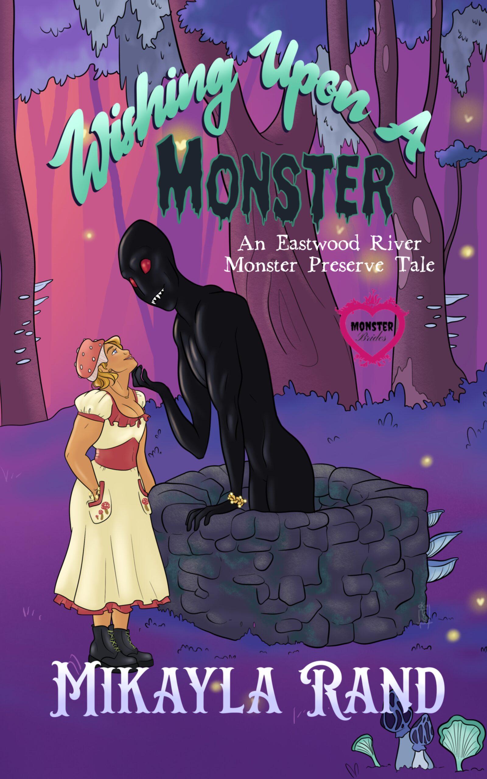 An image of the book cover Wishing Upon a monster. A tall shadow creature leans out of a well, lifting the chin up of a human woman. They stare at each other with love.