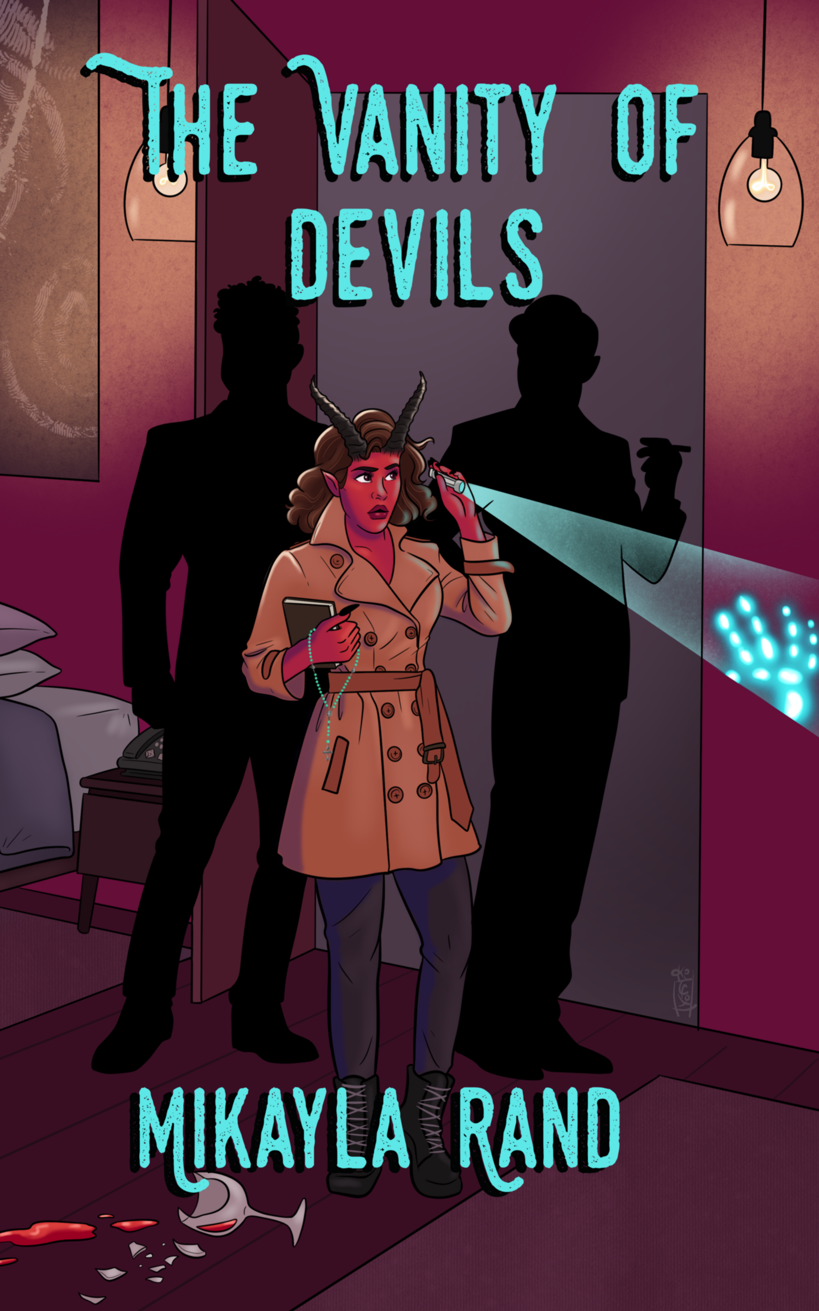 The book cover of the Vanity of Devils. A dark hotel room with a broken glass on the floor and rose petals on the bed set the scene. A demon investigator shines a light on a glowing handprint while two dark forms stand behind her.